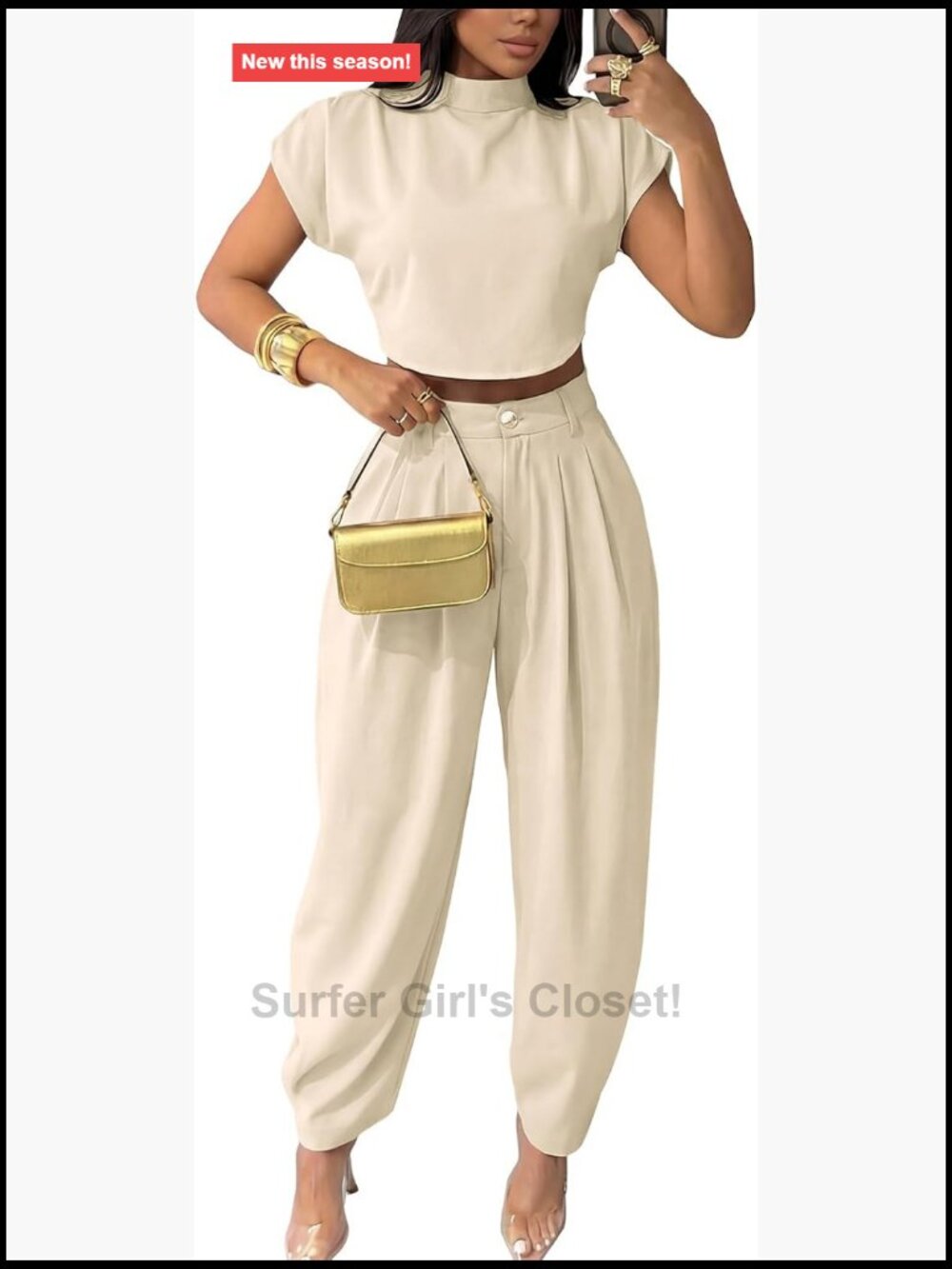 Women's 2 Piece Crop Top & Palazzo Pants Set Mock Neck Cap Sleeve